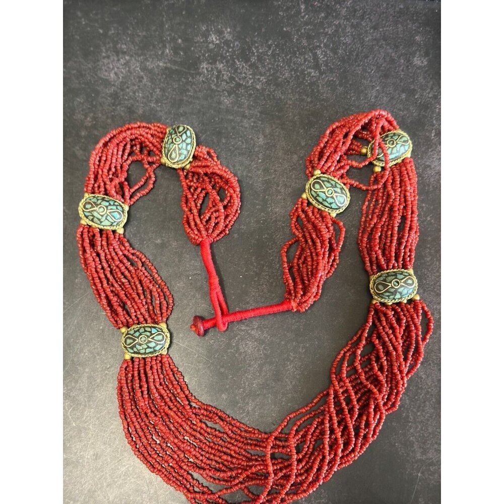 Tibetan Multi Strand Bamboo Coral Bead w/Turquoise Mosaic Inlaid Accent Necklace - Picture 8 of 8